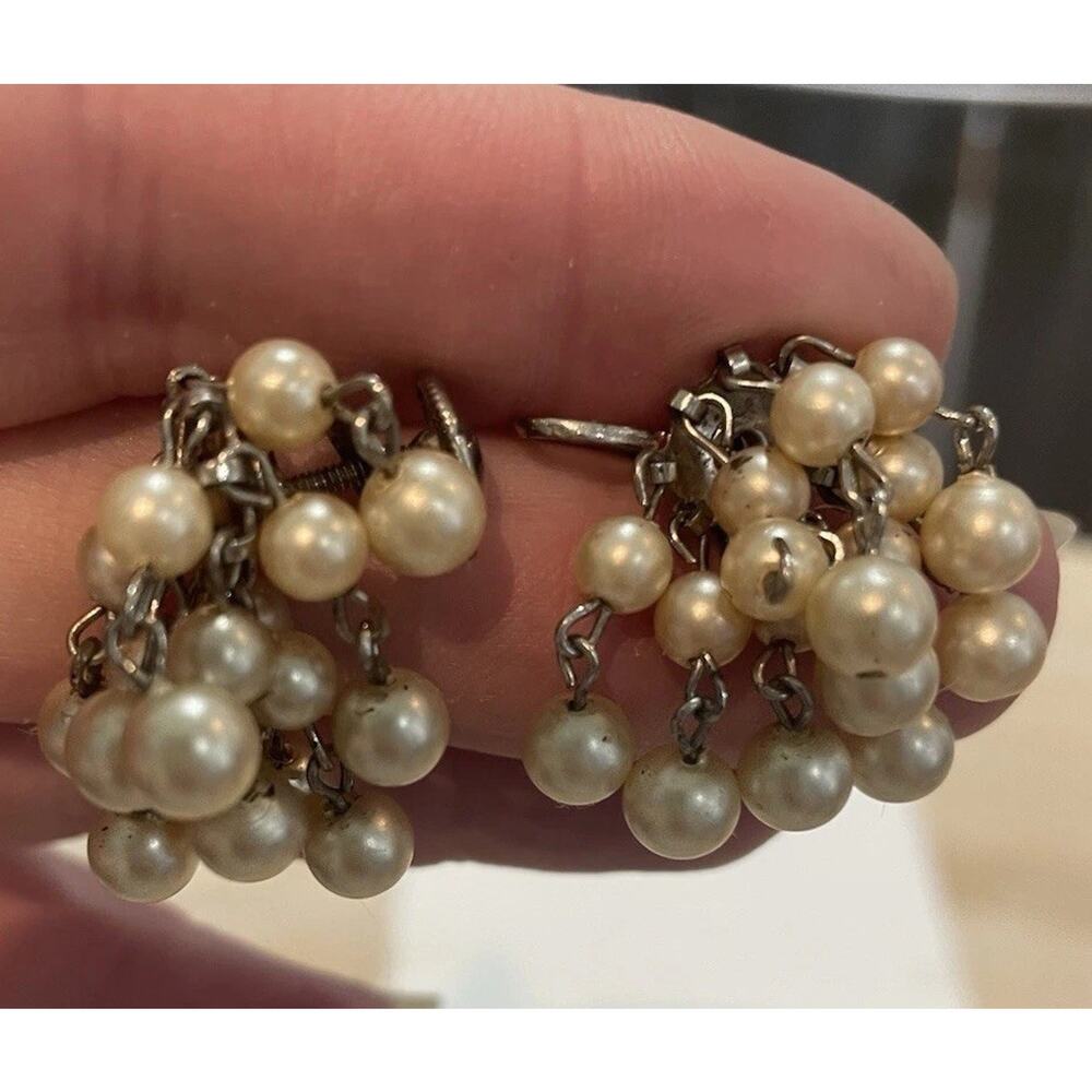 Antique Coro Silver Ivory Pearl Cascade Cluster Screw Back Earrings Vtg Signed